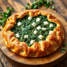 A beautiful open pie showcasing Spanikopita made with whole wheat dough, featuring a rich filling of creamy spinach, feta cheese, and aromatic herbs