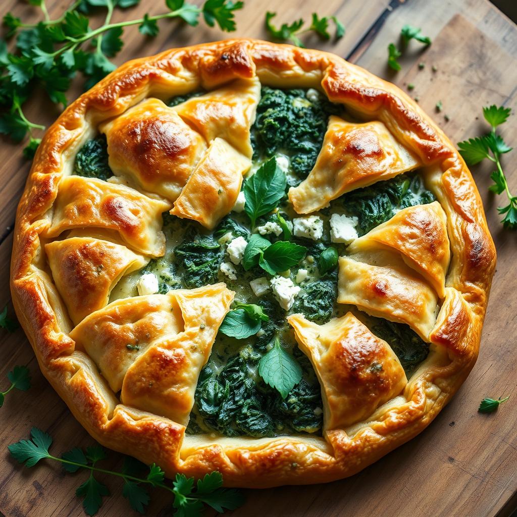 A beautiful open pie showcasing Spanikopita made with whole wheat dough, featuring a rich filling of creamy spinach, feta cheese, and aromatic herbs