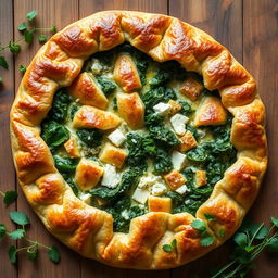 A beautiful open pie showcasing Spanikopita made with whole wheat dough, featuring a rich filling of creamy spinach, feta cheese, and aromatic herbs
