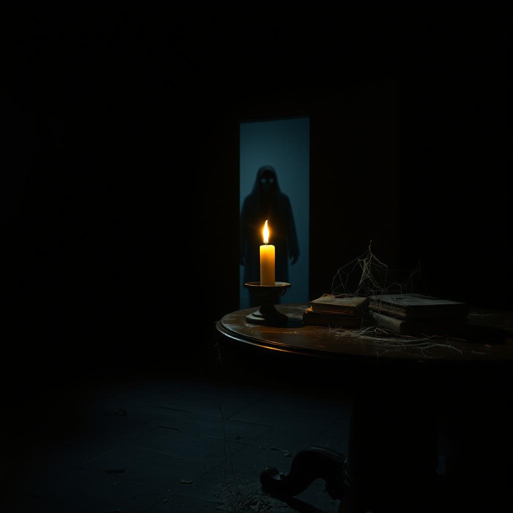 A chilling scene from a horror movie featuring a dark, abandoned mansion with creaking floors and eerie shadows