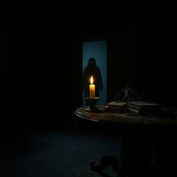 A chilling scene from a horror movie featuring a dark, abandoned mansion with creaking floors and eerie shadows