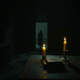 A chilling scene from a horror movie featuring a dark, abandoned mansion with creaking floors and eerie shadows