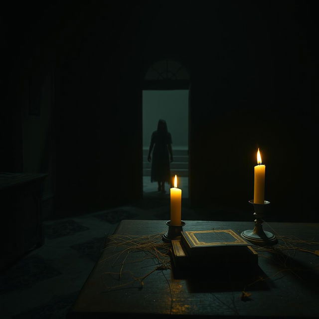 A chilling scene from a horror movie featuring a dark, abandoned mansion with creaking floors and eerie shadows