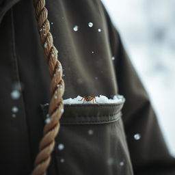 A minimalist winter scene featuring a rope entering from the outside, with delicate snowflakes gently falling around