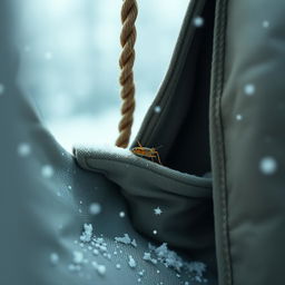 A minimalist winter scene featuring a rope entering from the outside, with delicate snowflakes gently falling around