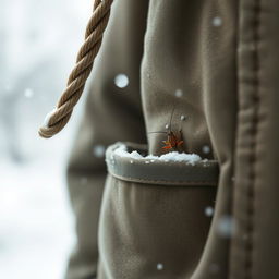 A minimalist winter scene featuring a rope entering from the outside, with delicate snowflakes gently falling around