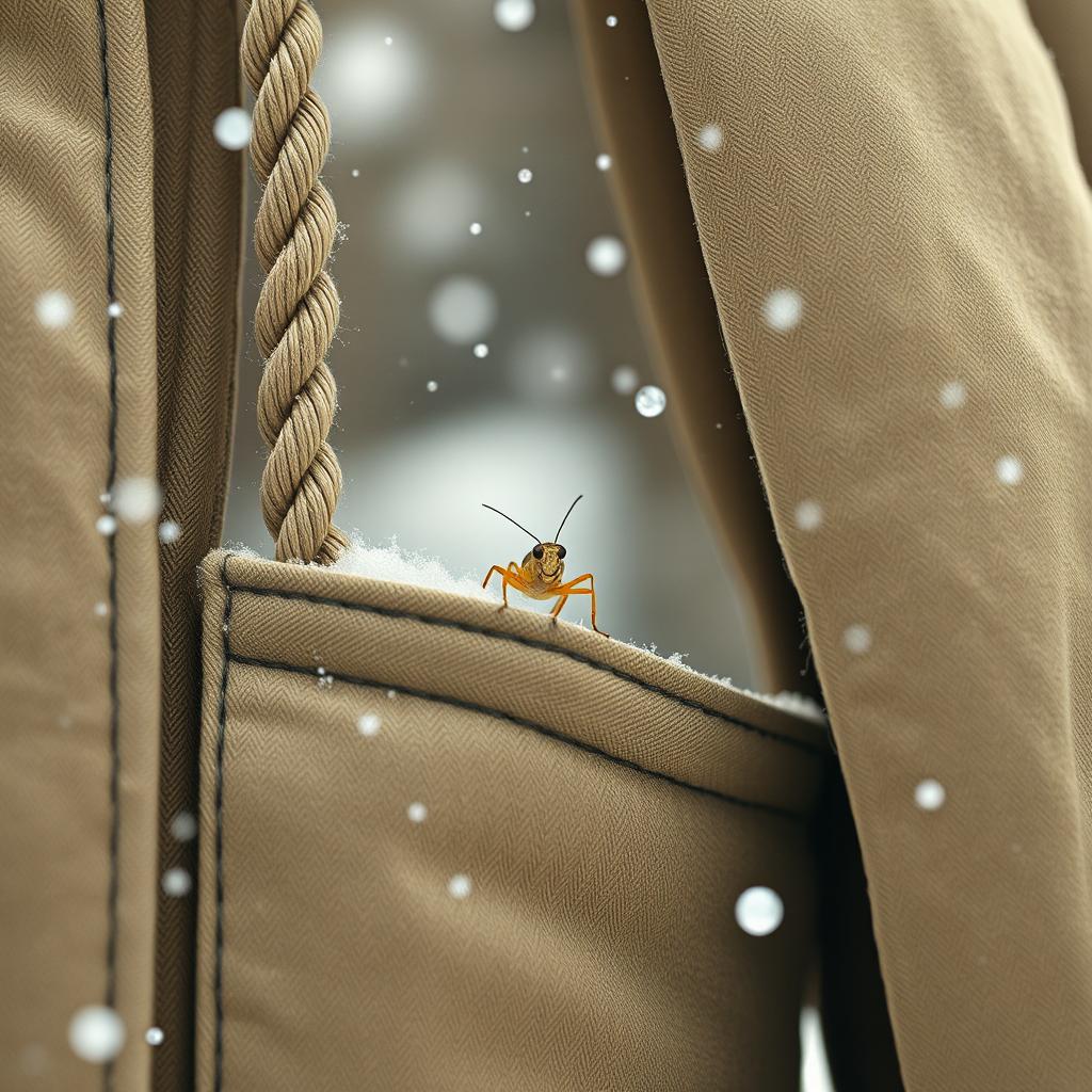 A minimalist winter scene featuring a rope entering from the outside, with delicate snowflakes gently falling around
