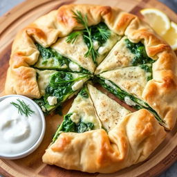 A beautifully arranged Spanakopita made with whole wheat dough, showcasing a golden, flaky crust
