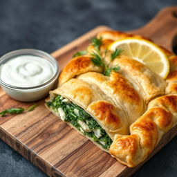 A beautifully arranged Spanakopita made with whole wheat dough, showcasing a golden, flaky crust
