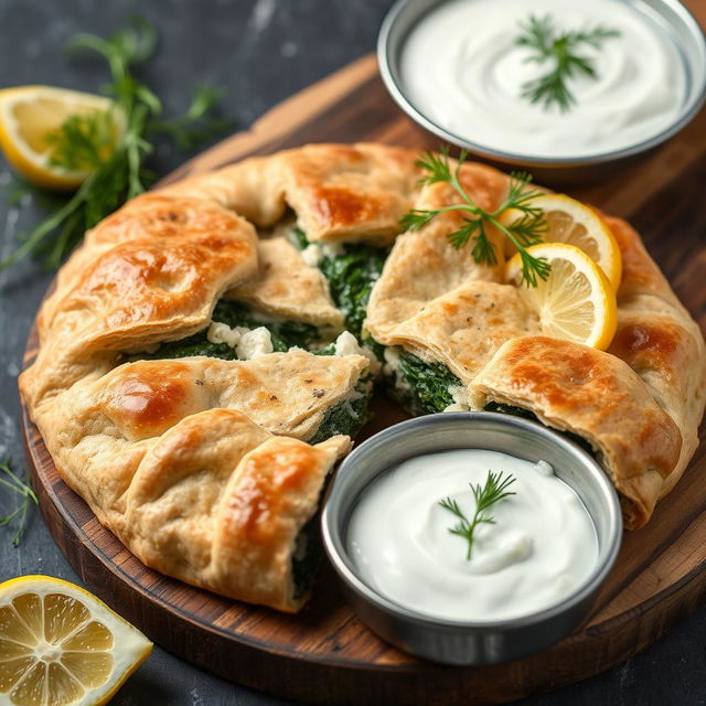 A beautifully arranged Spanakopita made with whole wheat dough, showcasing a golden, flaky crust
