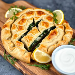 A beautifully arranged Spanakopita made with whole wheat dough, showcasing a golden, flaky crust