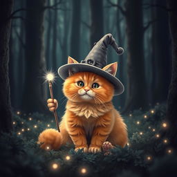 A cute orange chubby cat sitting in a dark, mystical forest, wearing a whimsical witch hat