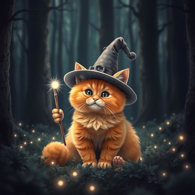 A cute orange chubby cat sitting in a dark, mystical forest, wearing a whimsical witch hat