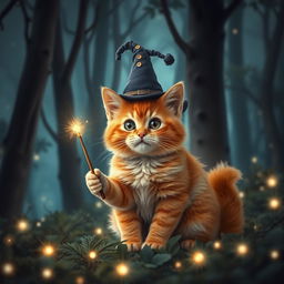 A cute orange chubby cat sitting in a dark, mystical forest, wearing a whimsical witch hat