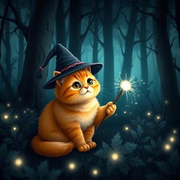 A cute orange chubby cat sitting in a dark, mystical forest, wearing a whimsical witch hat