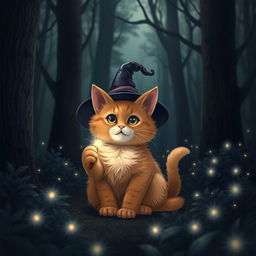 A cute orange chubby cat sitting in a dark, mystical forest, wearing a whimsical witch hat
