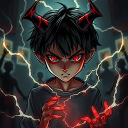 A dramatic illustration of a demonic boy with black hair and vivid red eyes, showcasing his terrifying psychic abilities