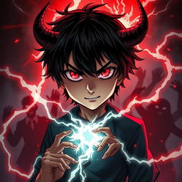 A dramatic illustration of a demonic boy with black hair and vivid red eyes, showcasing his terrifying psychic abilities