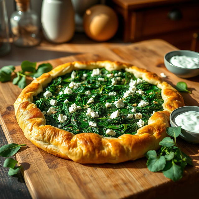 A delicious whole wheat spinach and feta pie, beautifully arranged on a rustic wooden table