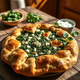 A delicious whole wheat spinach and feta pie, beautifully arranged on a rustic wooden table