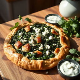A delicious whole wheat spinach and feta pie, beautifully arranged on a rustic wooden table
