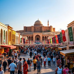 A vibrant scene of the important square in Erbil, showcasing its stunning architecture and lively atmosphere