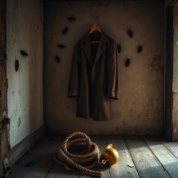 An atmospheric scene depicting the interior of an old, rustic house