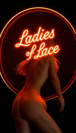 A round golden orange neon sign glowing brightly with the text 'Ladies of Lace' in an elegant, fancy calligraphic font