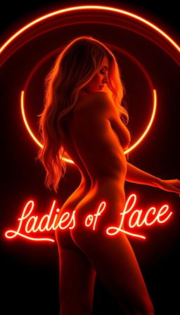 A round golden orange neon sign glowing brightly with the text 'Ladies of Lace' in an elegant, fancy calligraphic font