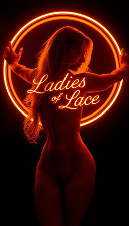 A round golden orange neon sign glowing brightly with the text 'Ladies of Lace' in an elegant, fancy calligraphic font