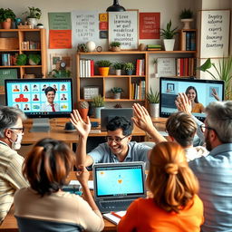 A vibrant and engaging scene of adult virtual education, featuring a diverse group of adults of various ethnicities, ages, and genders, actively participating in an online class