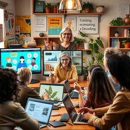 A vibrant and engaging scene of adult virtual education, featuring a diverse group of adults of various ethnicities, ages, and genders, actively participating in an online class