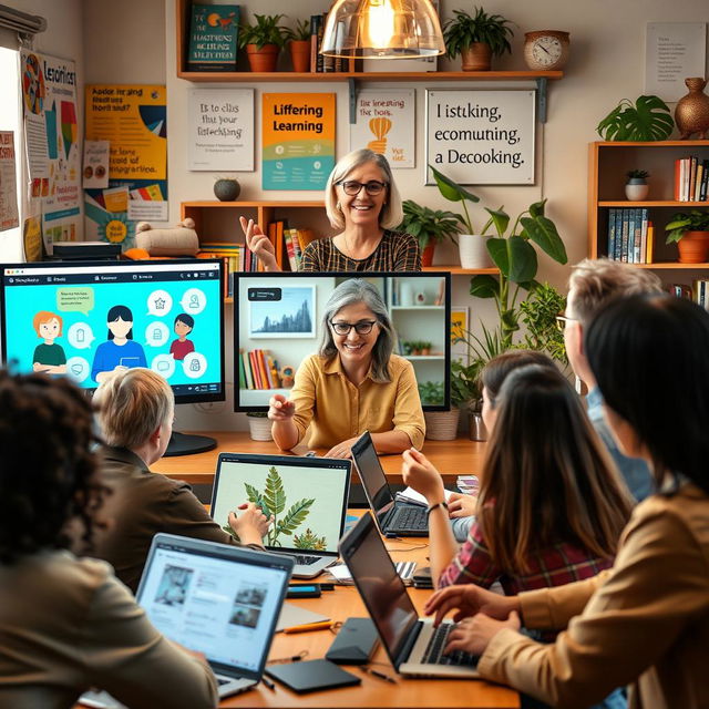 A vibrant and engaging scene of adult virtual education, featuring a diverse group of adults of various ethnicities, ages, and genders, actively participating in an online class
