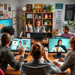 A vibrant and engaging scene of adult virtual education, featuring a diverse group of adults of various ethnicities, ages, and genders, actively participating in an online class