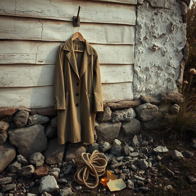 A nostalgic scene featuring the wall of an old, weathered house with cracked paint and rustic textures