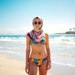 A stylish beach scene showcasing a fashionable hijab bikini
