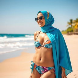 A stylish beach scene showcasing a fashionable hijab bikini