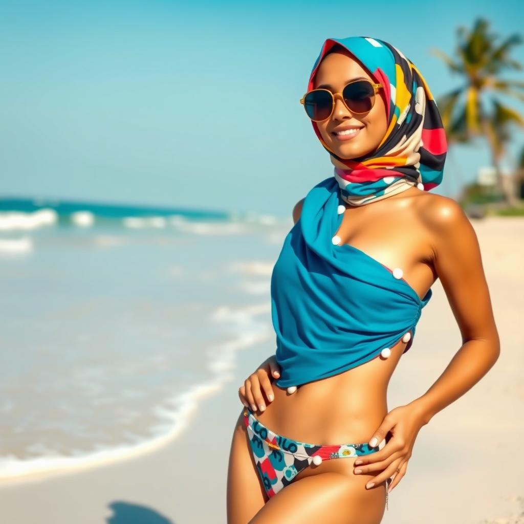 A stylish beach scene showcasing a fashionable hijab bikini