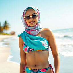 A stylish beach scene showcasing a fashionable hijab bikini