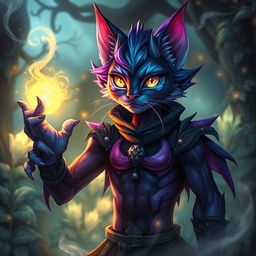 A boy demon cat warden with striking features, exuding an aura of mystique and power