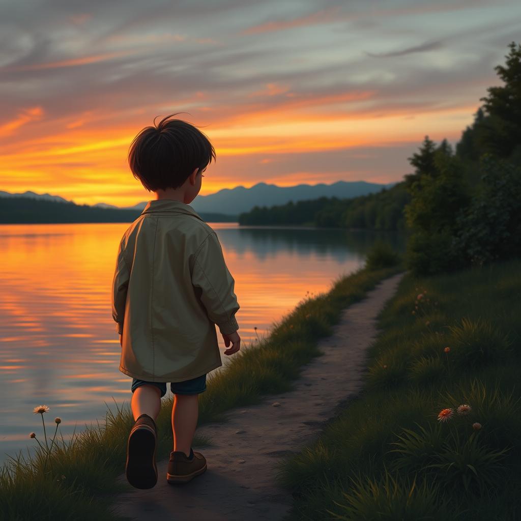A melancholic scene depicting a child walking towards a serene river at dusk