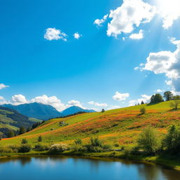 A serene and beautiful landscape featuring rolling hills with vibrant wildflowers in bloom, under a clear blue sky dotted with fluffy white clouds
