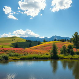 A serene and beautiful landscape featuring rolling hills with vibrant wildflowers in bloom, under a clear blue sky dotted with fluffy white clouds