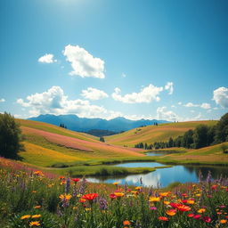 A serene and beautiful landscape featuring rolling hills with vibrant wildflowers in bloom, under a clear blue sky dotted with fluffy white clouds
