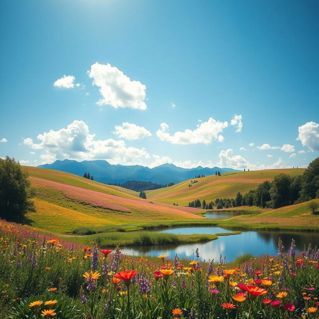 A serene and beautiful landscape featuring rolling hills with vibrant wildflowers in bloom, under a clear blue sky dotted with fluffy white clouds