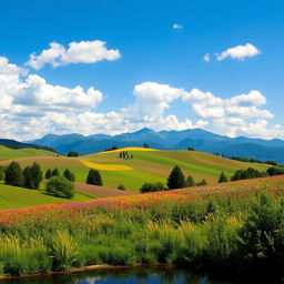 A serene and beautiful landscape featuring rolling hills with vibrant wildflowers in bloom, under a clear blue sky dotted with fluffy white clouds