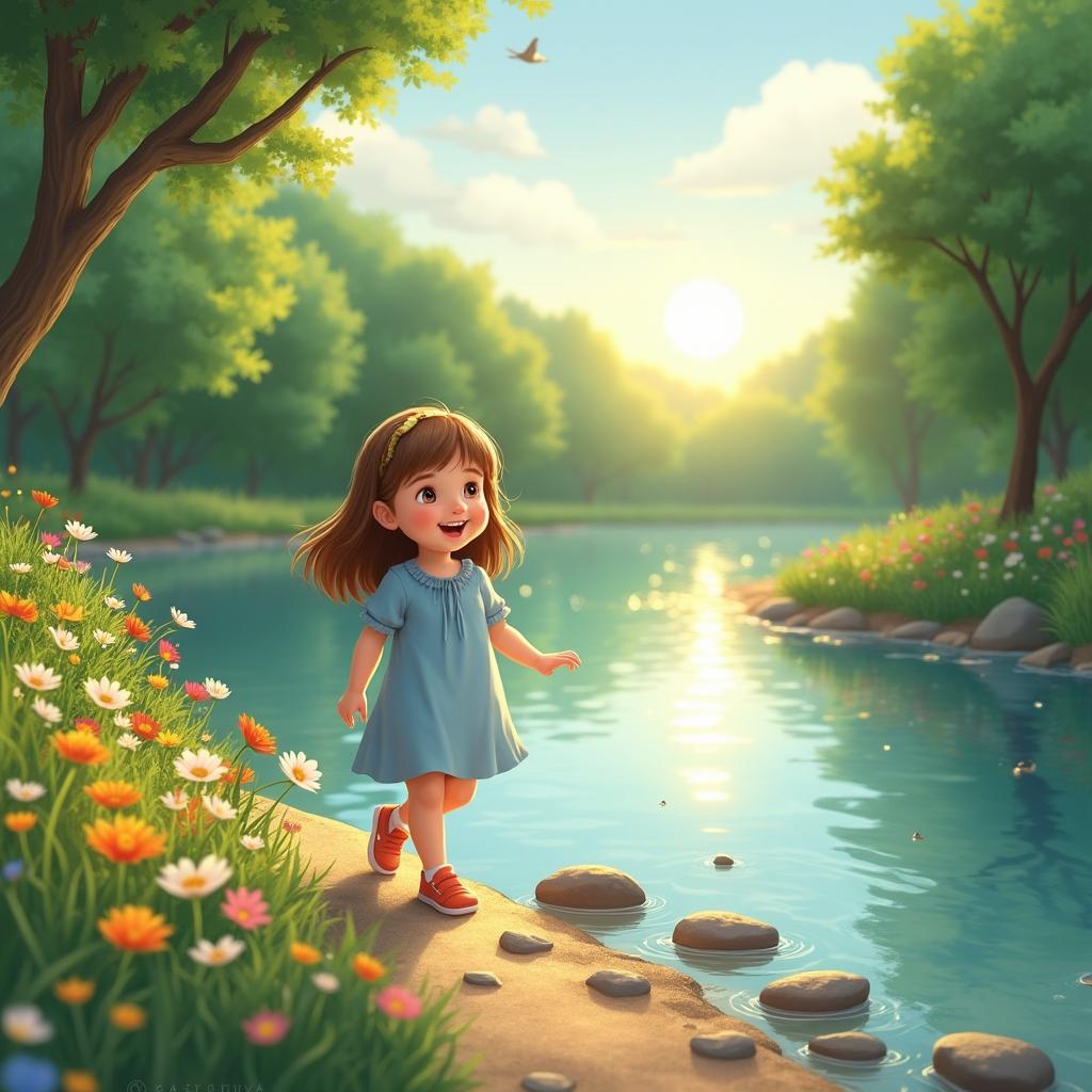 A serene scene of a child walking beside a tranquil river