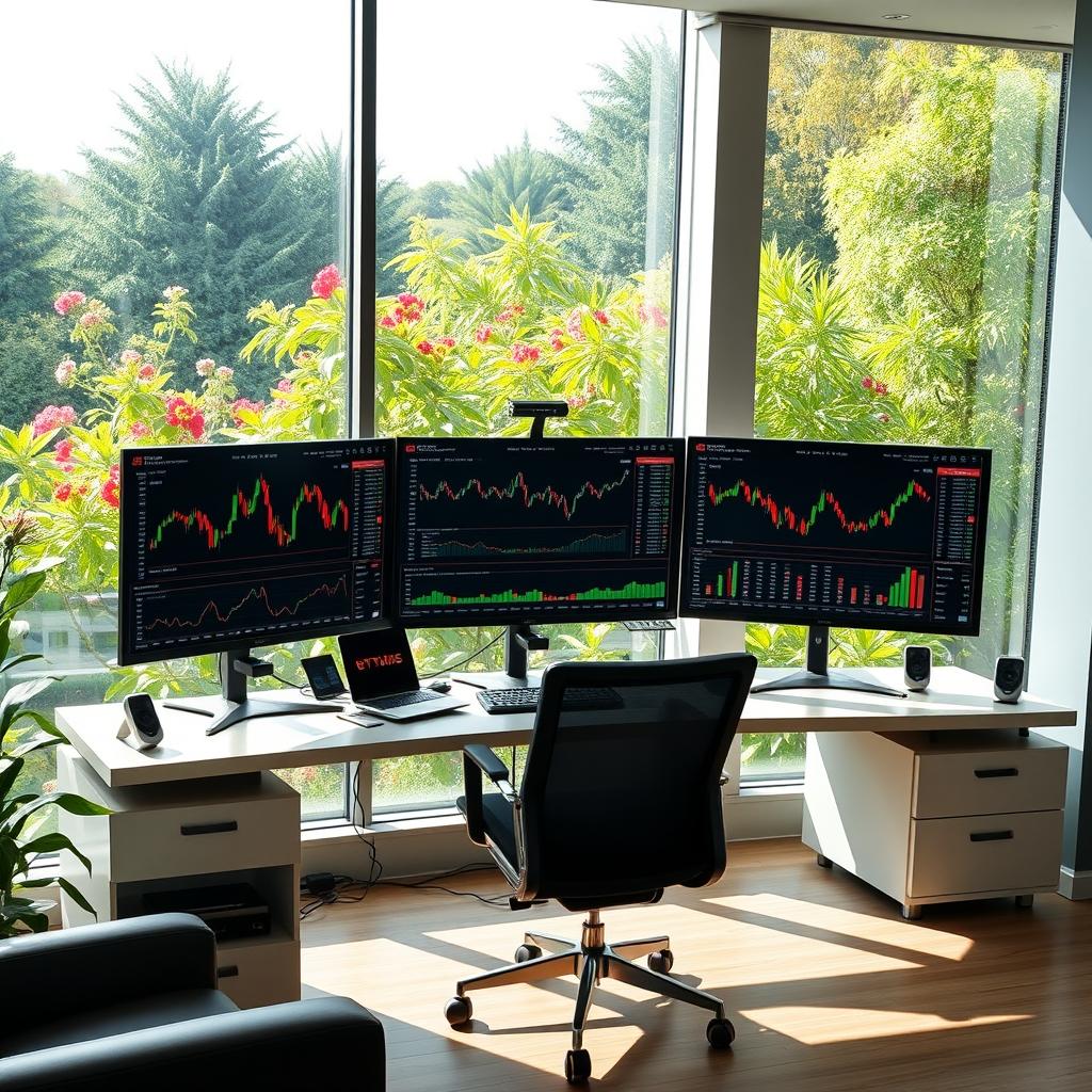 A modern trading room featuring three large monitors displaying various cryptocurrency graphs and charts
