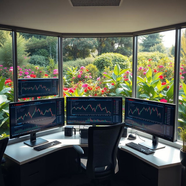 A modern trading room featuring three large monitors displaying various cryptocurrency graphs and charts