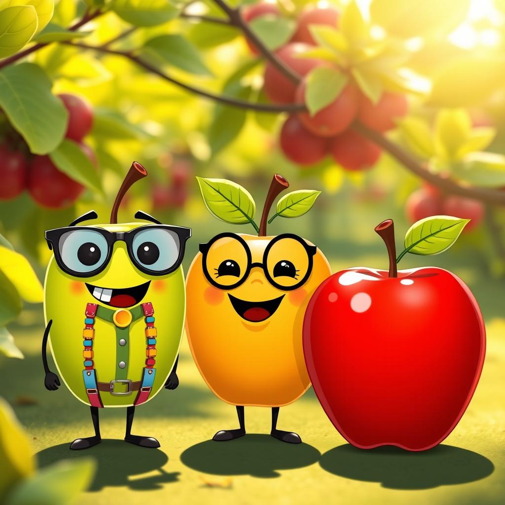 Three cartoon apples in a whimsical style